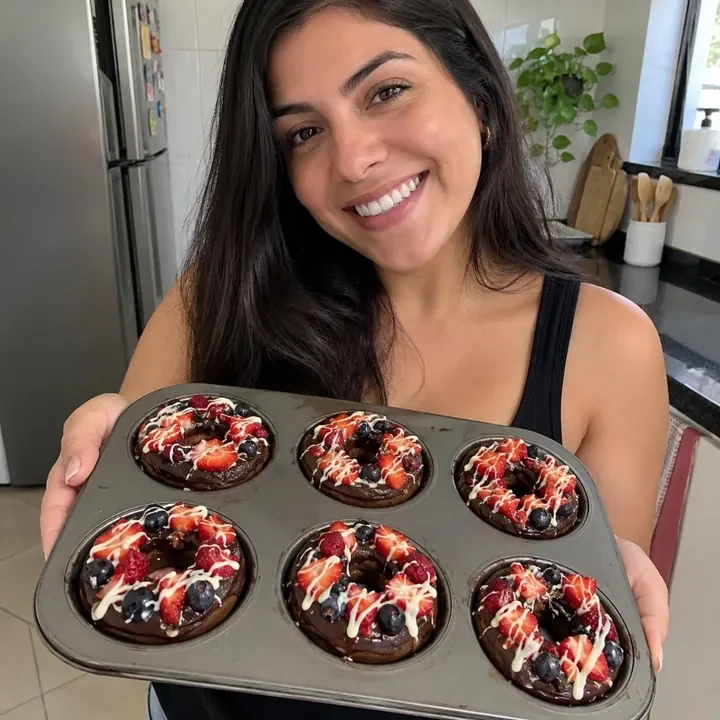 Aluna com fornada de Fruit Donuts perfeitos